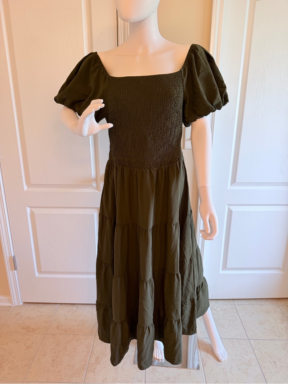 NEW Women’s Puff Short Sleeve Smocked Tiered Ruffle A Line Maxi Dress Size XL